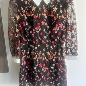 Aqua Black Dress with Floral Embroidery